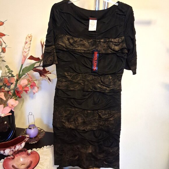 NWT Simon Chang Women's Well Tailored ¾ Sleeve Brown Gold Midi Lined Dress 8 M - Picture 9 of 11
